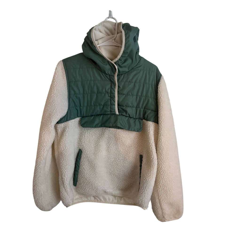 London Fog Kids Sherpa Fleece Quilted Pullover Hoodie Green Cream L 14-16